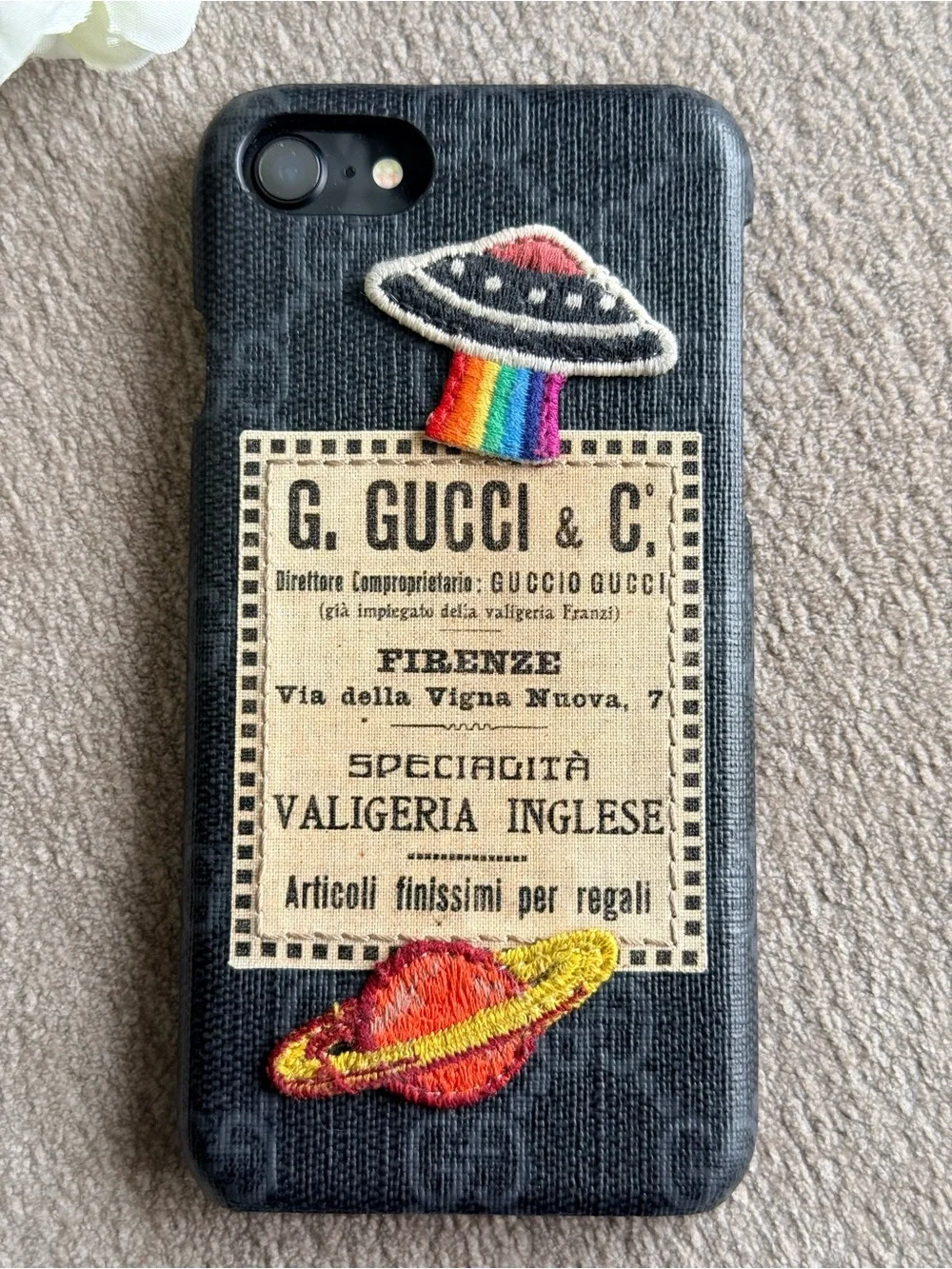 Gucci Black Monogram iPhone SE Phone Case with Rainbow UFO & Planet Patches